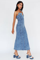 Horizon Strapless Wavy Neckline Midi Denim Blue