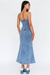 Horizon Strapless Wavy Neckline Midi Denim Blue