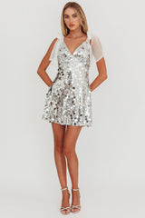 Mykonos Morning Tied Shoulder Sequin Mini Dress Silver
