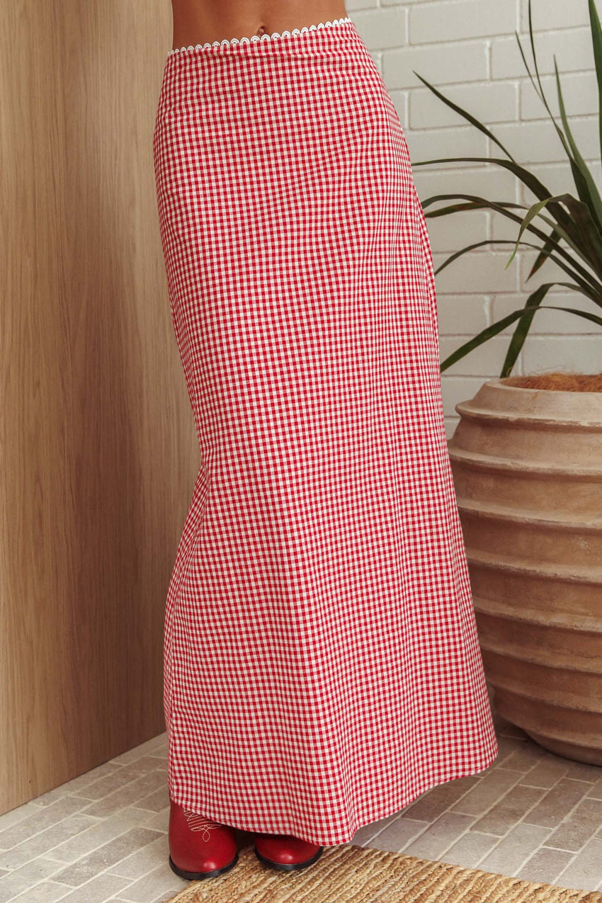 Summer Cottage Lace Trim Maxi Skirt Red Check