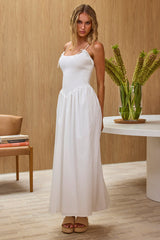 Enchanted Leaf Shirred Bodice Maxi Dress White