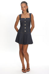 Big Plans Button Front Mini Dress Denim Indigo