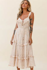 Priscilla Frill Detail Maxi Dress Floral Print Beige