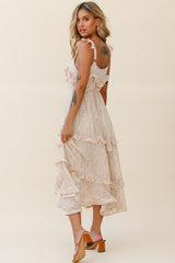 Priscilla Frill Detail Maxi Dress Floral Print Beige
