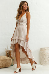 Virgo High-Low Hem Lace-Up Dress Beige