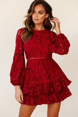Henrietta Lace Overlay Long Sleeve Ruffle Dress Wine