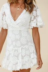 Alaia Short Fluted Sleeve Crochet Lace Dress White